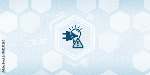 Abstract power supply error icon with light bulb and warning triangle sign on blue digital honeycomb background representing electrical failure or energy issues