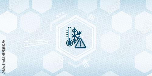 Abstract digital background featuring a stylized icon of a thermometer with a snowflake and a warning sign representing extreme cold weather conditions or climate cooling alert.