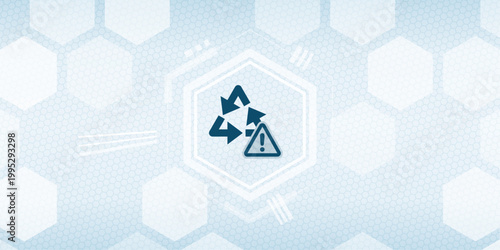 Abstract digital background featuring a recycle icon combined with a warning sign, symbolizing environmental alerts, data sustainability challenges, or industrial waste risks