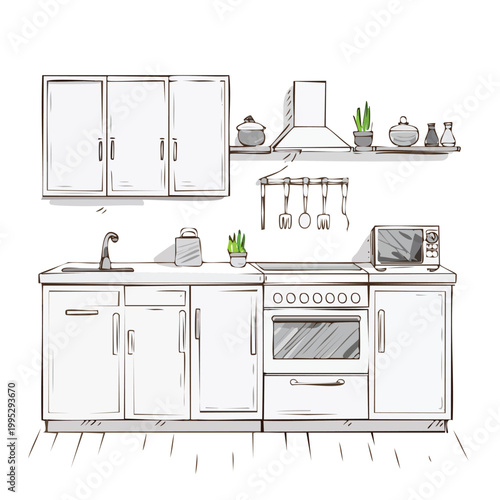 Detailed line art illustration of a contemporary kitchen interior featuring white cabinets a stove with an open oven microwave sink range hood various decorative potted plants and jars, domestic life