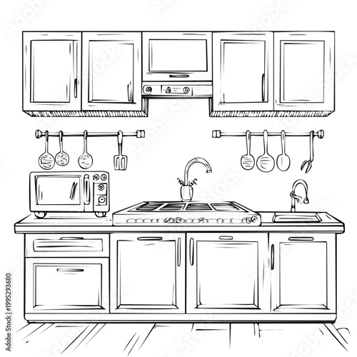 Detailed line art illustration of a modern kitchen interior with upper and lower cabinets a central stove two sinks with faucets a microwave range hood hanging kitchen tools black and white interior