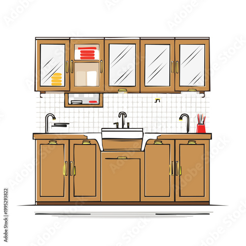 Colorful illustration of a kitchen double sink area with wooden cabinets and tiled backsplash upper cabinet lower cabinet glass door utility room dish brush hand drawn home improvement