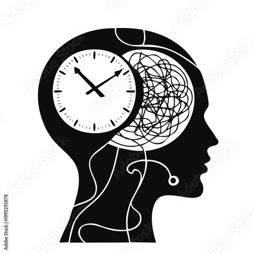 Human head silhouette with internal clock and tangled thoughts representing stress time management mental confusion vector illustration black and white background silhouette thoughts
