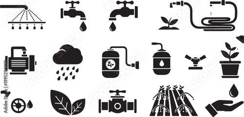 Irrigation system icons for agriculture and gardening tools
