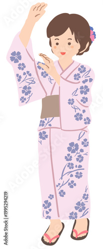 浴衣を着て踊る若い女性　イラスト