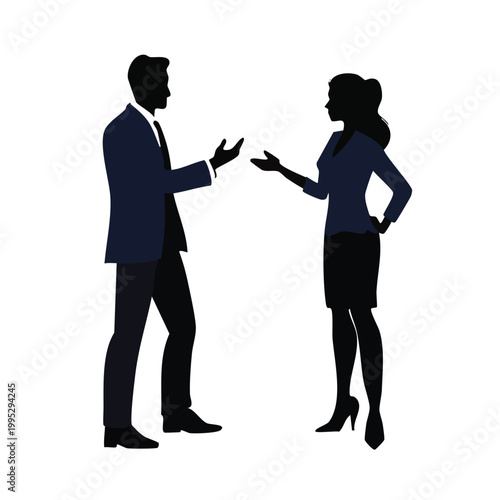 Professional man and woman silhouettes engaged in business conversation and discussion on white background with full length business silhouette communication discussion conversation negotiation