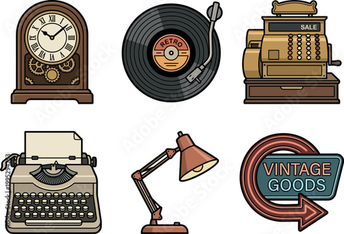 Collection of six vintage shop items in a grid layout