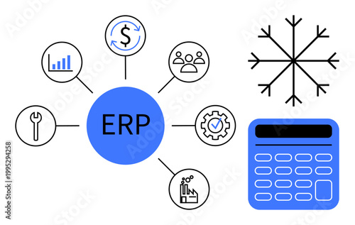 Business management, ERP software, workflow optimization, financial planning, data visualization, team collaboration. Central ERP label connected to icons. Business management and ERP software