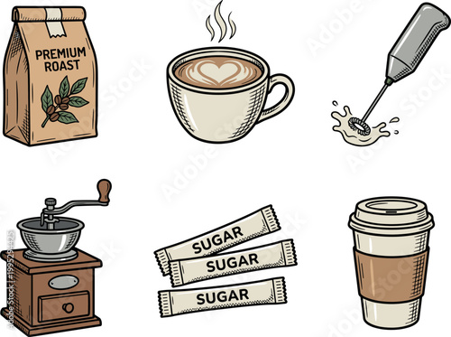 Retro cartoon coffee shop essentials in a grid layout