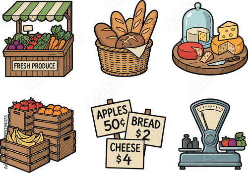 Market stall elements: produce, bread, cheese, fruit, signs, scale