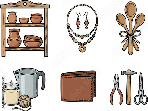 Set of six handmade craft items and tools illustration