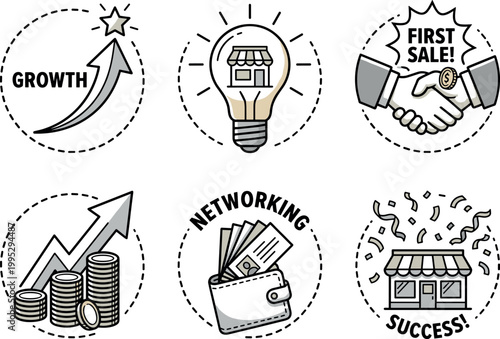 Set of six business growth and success icons in a grid
