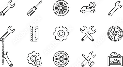 Automotive repair icons set with wrench screwdriver gears wheels car service tools minimal outline vector collection