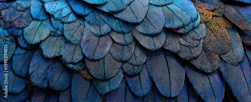 Close-up of iridescent blue and gold bird feathers