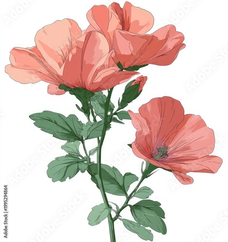 Delicate coral blossoms and green leaves on a branch