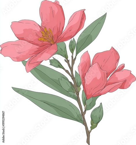 Delicate pink blossoms on a slender branch with green leaves