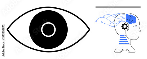 Artificial intelligence, technology evolution, machine learning, human perception, innovation, analytical concepts. An eye and a robotic human brain interconnected visually. Artificial intelligence