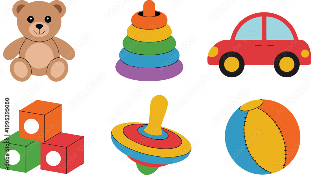 Obraz premium Colorful children toys set with teddy bear blocks car stacking rings spinning top beach ball grid layout