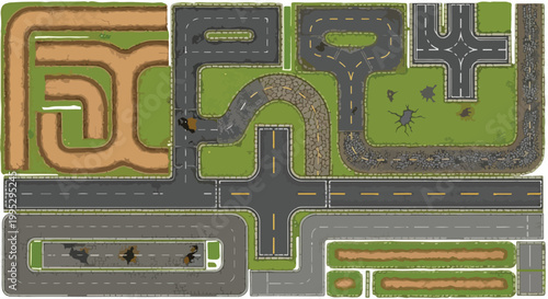 Top-down road map construction kit, modular asphalt and dirt track tiles, aerial view city street elements for game design and navigation layout