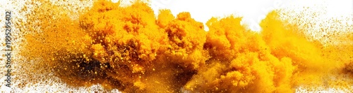 Explosive burst of vibrant yellow powder against a white backdrop
