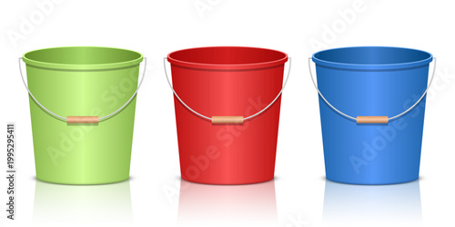 Trio of colorful buckets sit side by side with reflective surfaces below.