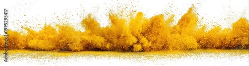 Yellow powder explosion against white background, abstract
