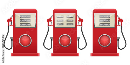 Three vintage red gas pumps stand ready for service on a white background.