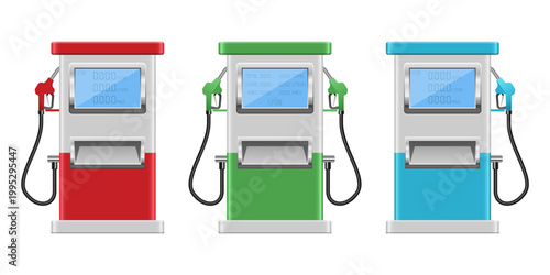 Fueling Stations: Red, Green, Blue Gas Pumps for Vehicle Refueling
