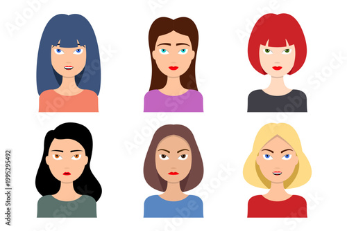 Cartoon women with various hair colors and expressions on a white backdrop.