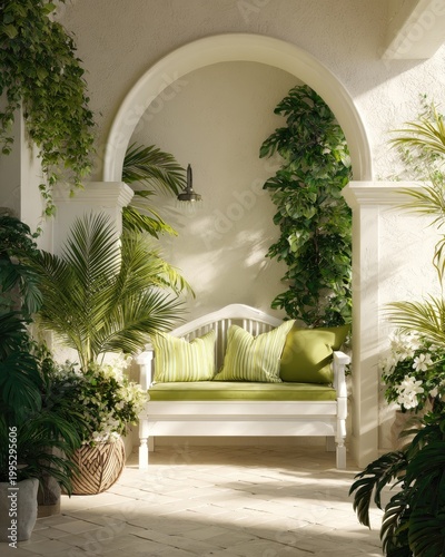 Bench in arched nook, lush green foliage, sunny patio