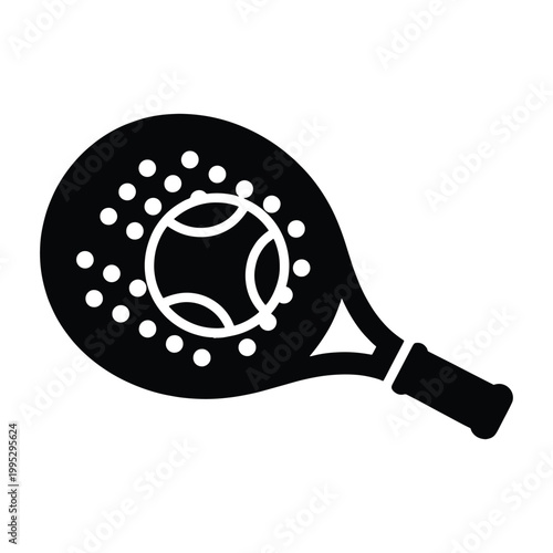 Monochrome icon of a padel racket hitting a ball with speed lines, isolated on a white background.