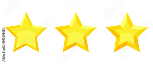 Three yellow, five pointed stars isolated on white. Geometric shape concept