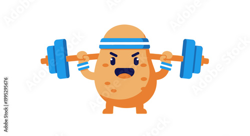 Fitness potato character vector lifting weights representing healthy energy and carbohydrate source.
