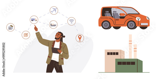 Smart transportation, electric vehicles, internet of things, sustainable industry, logistics, planning. Person interacting with a connectivity diagram, car and factory. Smart transportation