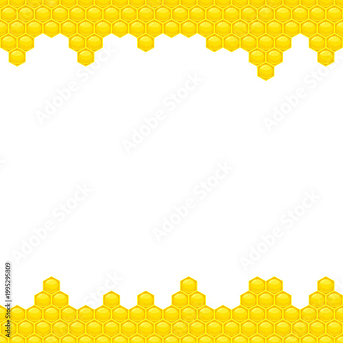 Honeycomb border with hexagonal cells, gold dripping down, top and bottom.