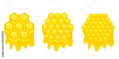 Three honeycombs with dripping honey illustration on a white background.