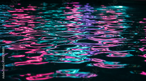 Abstract background of dark water ripples with vibrant pink and teal neon light reflections at night, creating a futuristic synthwave aesthetic.