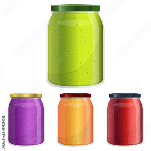 Assortment of Colorful Jars Containing Preserved Goods, Fruit, Vegetables