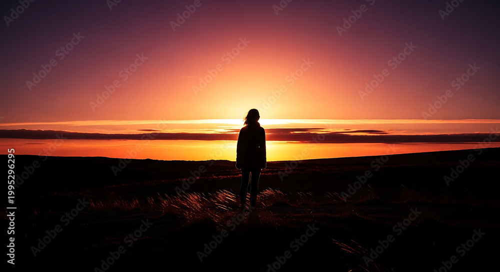 Fototapeta premium Silhouette of a person watching sunset.