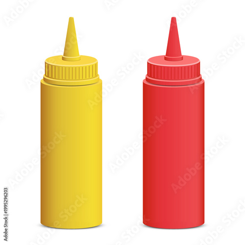 Condiment bottles: mustard and ketchup, ready to top your favorite foods.
