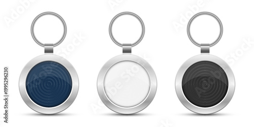 Set of round metal keychains with blue, white, and black center colors.
