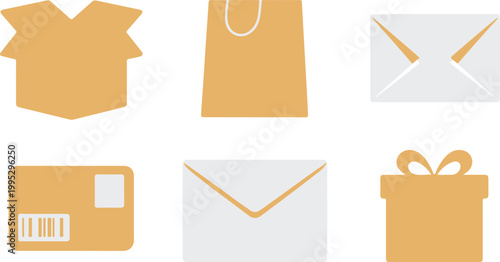 Flat minimalist illustration of shipping delivery icons set with box bag envelope package and gift in grid layout