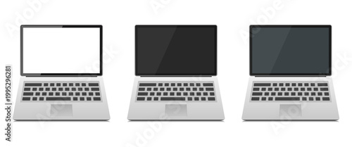 Three laptop computers with varying screen displays on a white background.