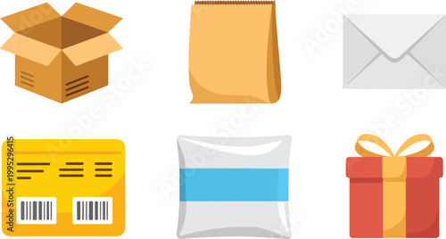 Flat minimalist illustration of shipping delivery icons set with box bag envelope package and gift in grid layout