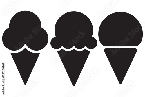Three black silhouette ice cream cones with different scoop shapes white