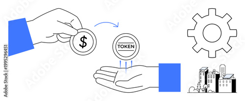 Cryptocurrency, blockchain, fintech, digital payments, tokenization, transaction models. Hand exchanging dollar coin for token with gear and cityscape. Cryptocurrency and blockchain