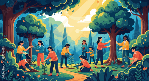Eco-friendly community planting trees in forest, diverse volunteers reforestation project vector, sustainable environmental conservation illustration