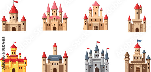 Medieval castle collection with towers and fortress buildings in colorful flat vector illustration style set for fantasy design