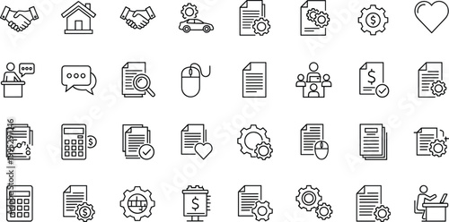 Business workflow icons set with documents finance communication minimal outline vector collection office management design elements