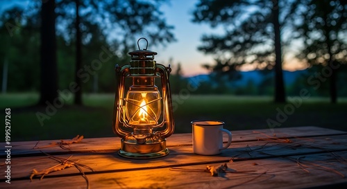 Glowing lantern and mug on wooden table in forest at dusk